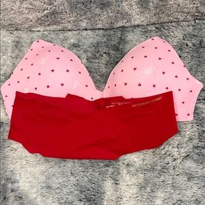 Victoria's Secret Heart Pattern Pink Bra and Red Panty Set